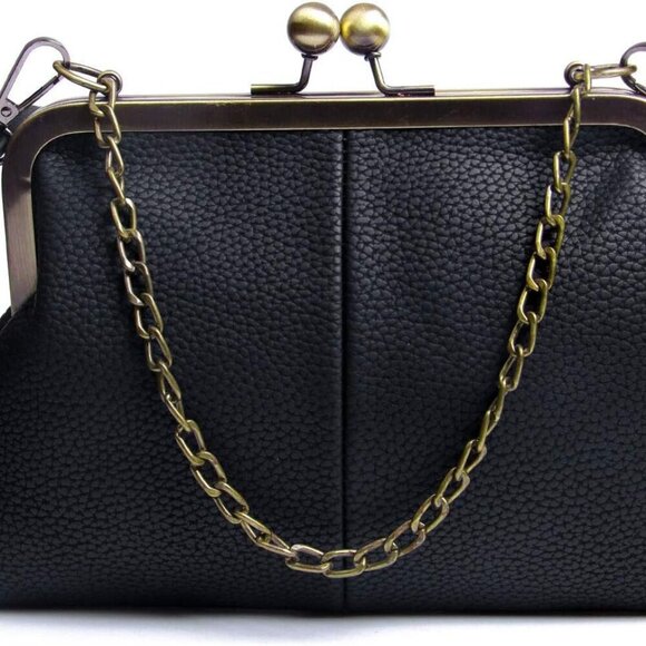 Women PU Leather Kiss Lock Clutch with Chain Strap Evening Shoulder Bag - Picture 1 of 6